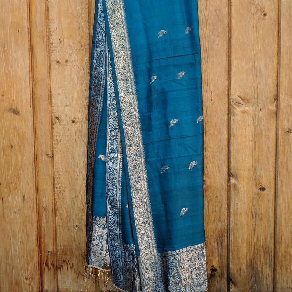 Turquoise and metallic gold silk scarf